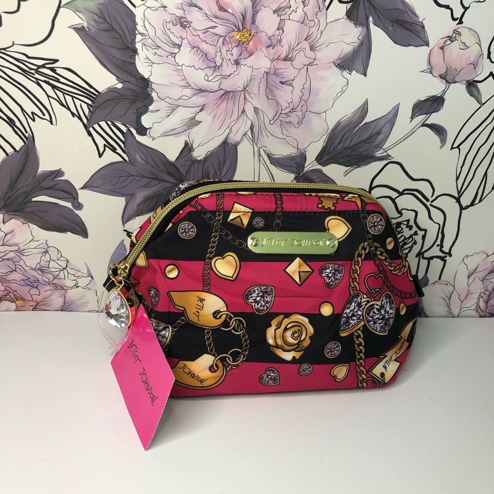NEW Betsy Johnson Cosmetic Make up Travel Bag Pink Rose Jewelry Bling Zip Pouch